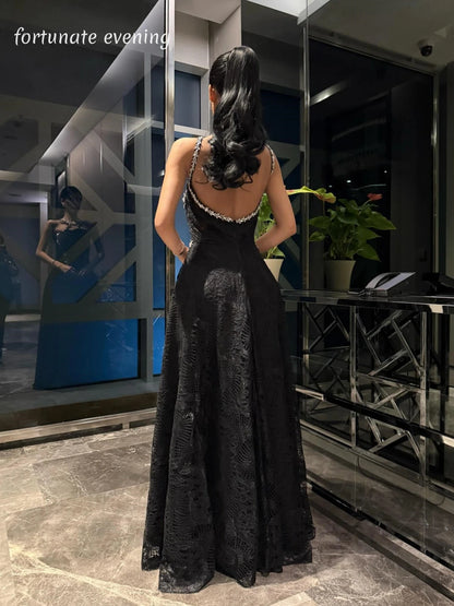 Fortunate Evening Elegant Vintage Sexy Black Lace Crystal Backless Customized Formal Occasion Prom Dress Evening Party Gowns