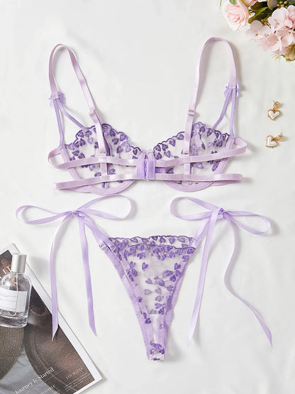 Exotic Fantasy Lingerie Underwire Bra Strap Panties 2Piece Sheer Mesh Embroidery Underwear for Women