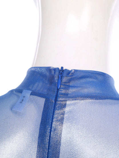 Women Metallic Shiny Full Body Unitards Sheer Rave Party Nightclub Jumpsuit Long Sleeve Long Pants Back Zipper Catsuit Clubwear