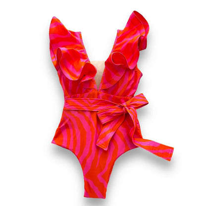 2025 New Sexy V-Neck One Piece Swimsuit Belt Swimwear Women Ruffle Monokini Push Up Swim Suit Colorful Bathing Suit Female Beach