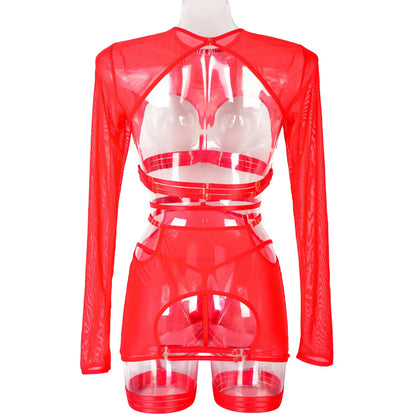Diccvicc Long Sleeve Lingerie Sexy Sheer Mesh Porn Top Crotchless Skirt Naked Bandage Women Underwear Uncensored Erotic Costume