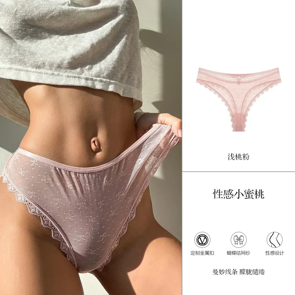 SP&CITY Bow Embroidery Mesh Transparent Sexy Women's Underwear Cotton Crotch Seamless Thongs Soft Thin Panties Hollow Out Briefs