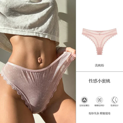 SP&CITY Bow Embroidery Mesh Transparent Sexy Women's Underwear Cotton Crotch Seamless Thongs Soft Thin Panties Hollow Out Briefs