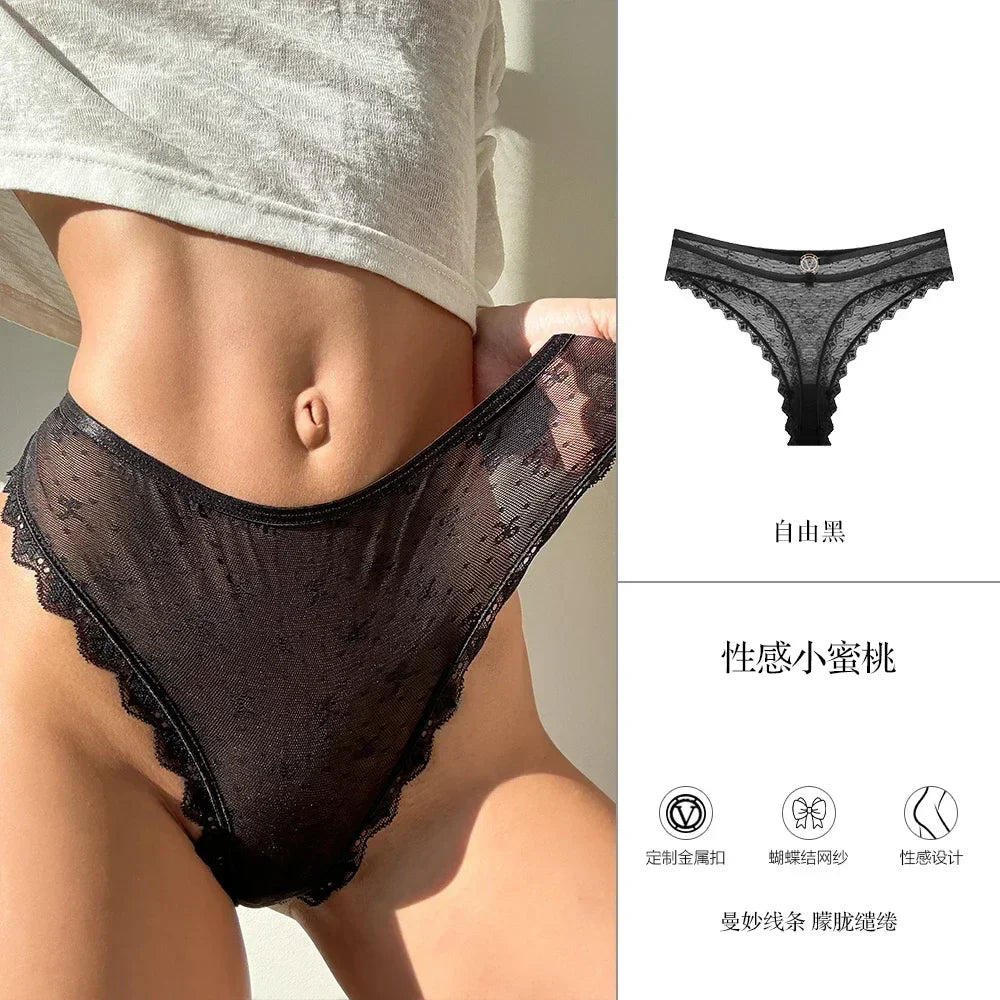 SP&CITY Bow Embroidery Mesh Transparent Sexy Women's Underwear Cotton Crotch Seamless Thongs Soft Thin Panties Hollow Out Briefs