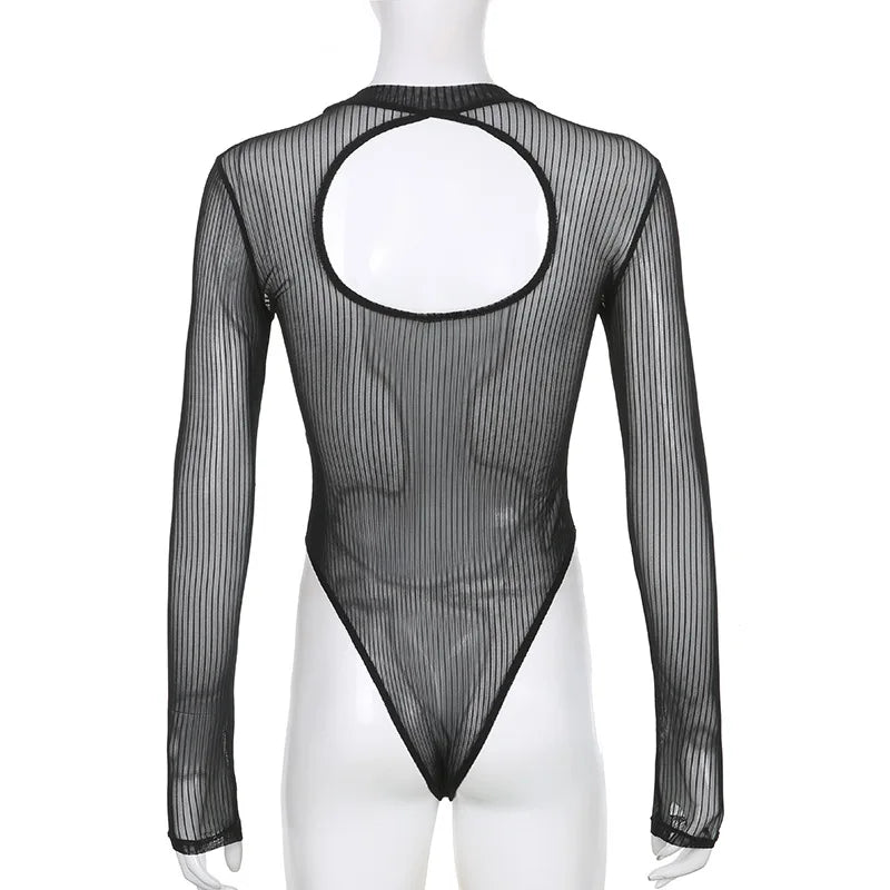 See Through Bodysuit Backless Hollow Out Transparent Club Jumpsuits Women Solid Black Tee Summer Elegant Sexy Streetwear