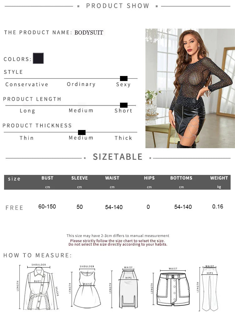 FHSEER 1pcs Women's Sexy Fishnet Bodysuit See-Through Long Sleeve Sparkle Rhinestone T-Shirt Slim Fit Stretchy Top Clubwear