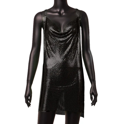 Women's 90s Rave Glitter V-Neck Lace-Up Sequin Mini Dress Y2K Clubwear Sexy Backless Bodycon with Metal Detail for Party