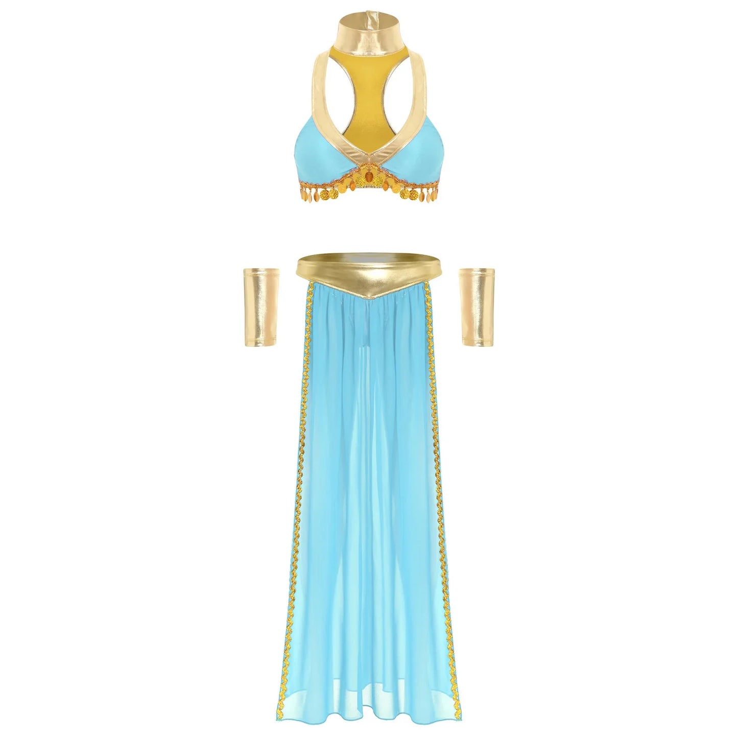 Women Halloween Cleopatra Ancient Egyptian Queen Sun Goddesses Cosplay Costume Crop Top with Skirt Choker Cuffs Belly Dance Set