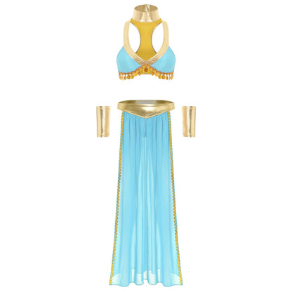 Women Halloween Cleopatra Ancient Egyptian Queen Sun Goddesses Cosplay Costume Crop Top with Skirt Choker Cuffs Belly Dance Set