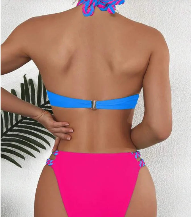 2026 New Bikini Swimsuit Women's Split Solid Color Sexy Belt Steel Tray Bikini Swimsuit