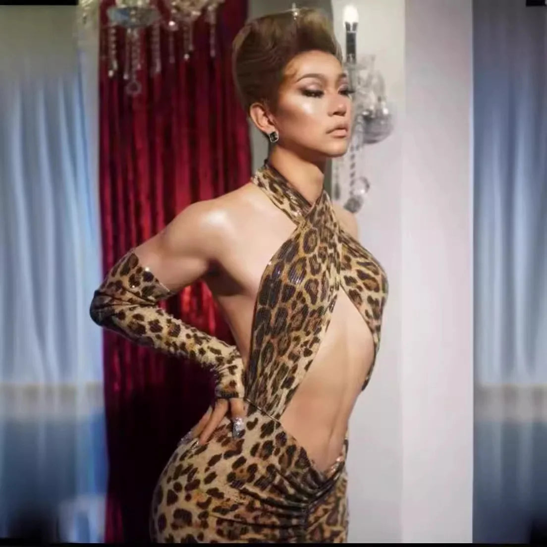 Birthday Performance Plus Size Women's Clothing Bulk Sequins Hollow Leopard Print Dress Women's Party High-End Performance Dress
