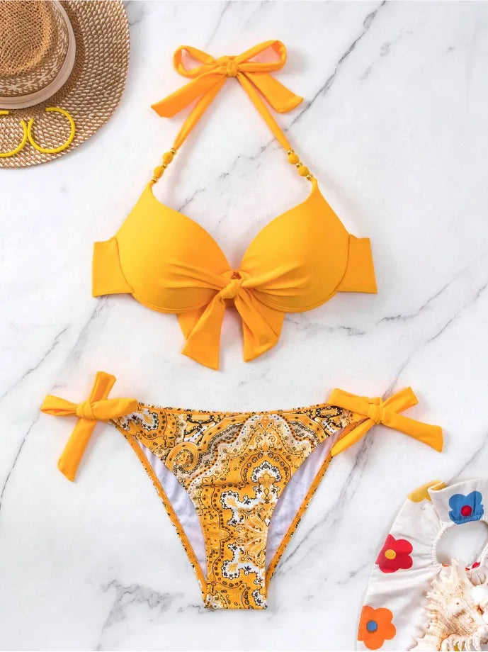 2024 New Print 2-piece Swimsuit for Women,hard Cup Suspender Push Up Bikini Set,summer Beach Vacation Backless Bathing Suit