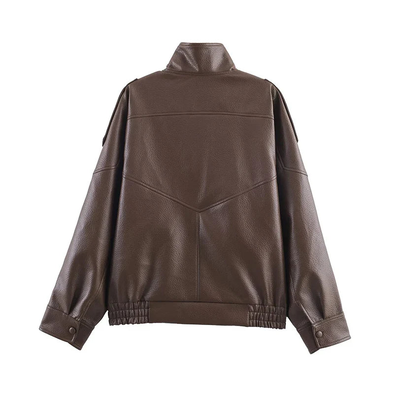 Stand Collar Women's Jacket Full Sleeve Double Button Solid Female Leather Jackets 2025 Autumn Fashion High Street Lady Outwears