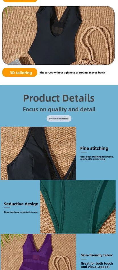Sexy V-Neck One-Piece Swimsuit Quick-Dry with Chest Pad No Steel Support Triangle Monokini Swimwear for Women Adult Pure Color