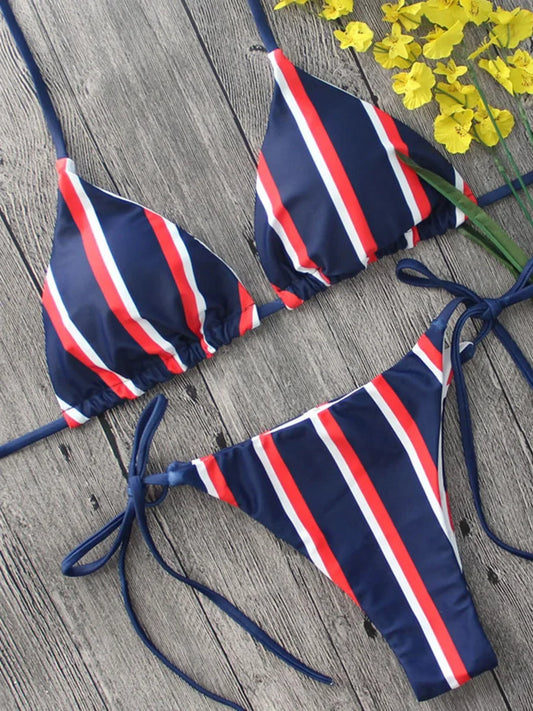 New Sexy Halter Striped Bikini 2025 Women Swimsuit Female Swimwear Two Pieces Bikini Set Brazilian Bather Bathing Suit Swim Lady