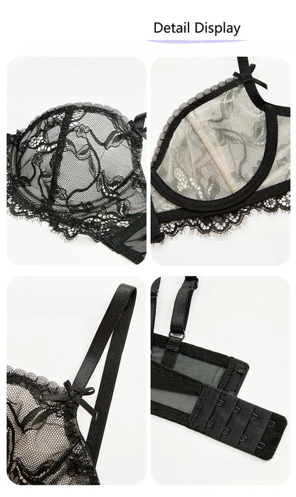 Logirlve Ultra-Thin Hollowed-Out Lace Bra Set for Women Push up Breast Brassiere Sexy Embroidery Underwear Lingerie Ladies