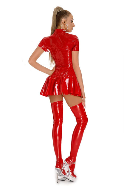 Sexy Glossy Leather Short Sleeves Dress Lady Erotic Shaping Pleated Short Dress Zipper Porn Breast Exposing Latex Mini Dress