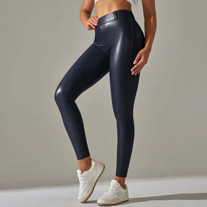 PU Leather Leggings Women Sexy Scrunch Butt Leggings Girls Faux Leather Pants High Waist Push Up Casual Leggings 6 Color