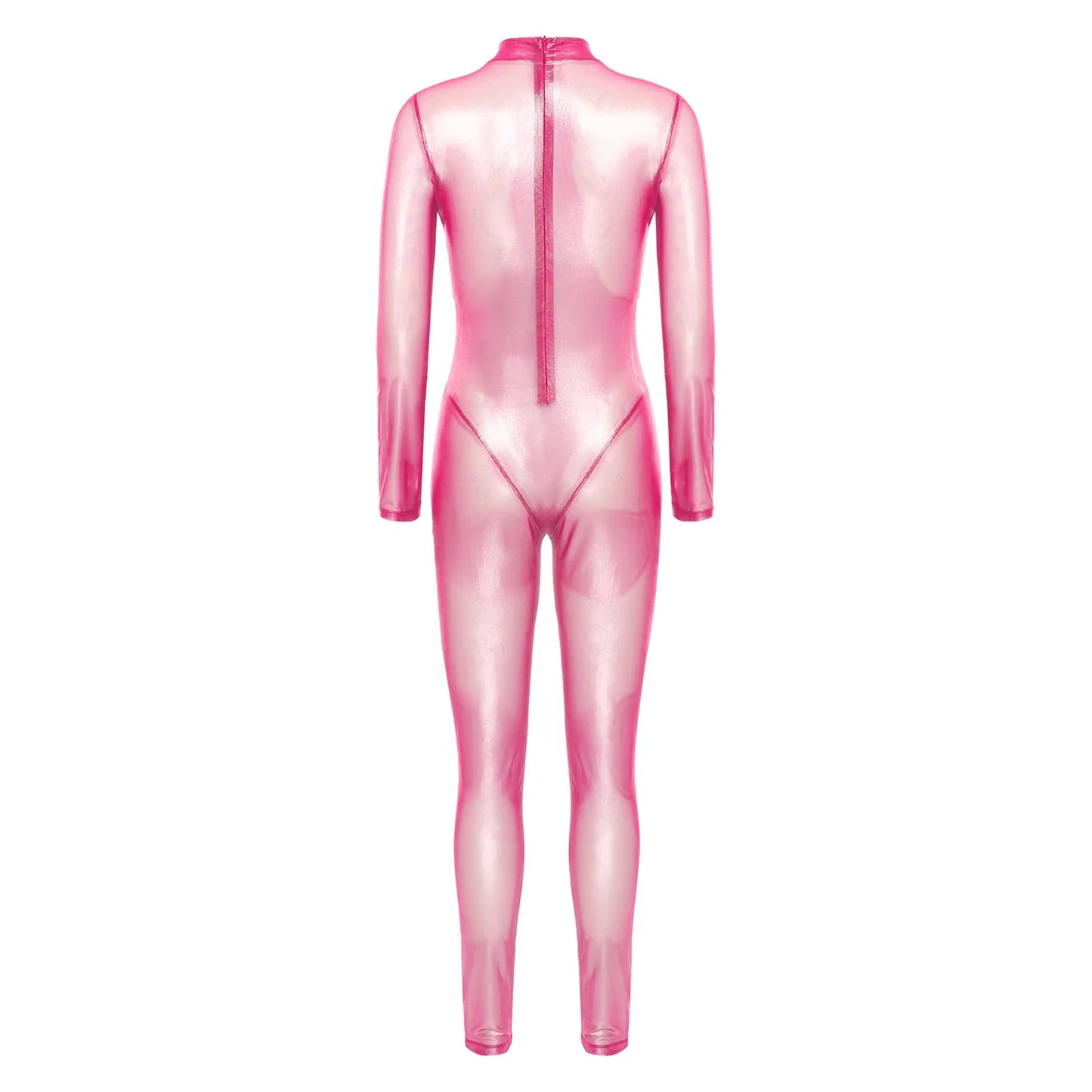 Women Metallic Shiny Full Body Unitards Sheer Rave Party Nightclub Jumpsuit Long Sleeve Long Pants Back Zipper Catsuit Clubwear