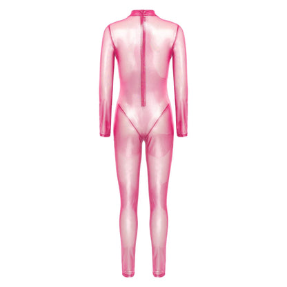 Women Metallic Shiny Full Body Unitards Sheer Rave Party Nightclub Jumpsuit Long Sleeve Long Pants Back Zipper Catsuit Clubwear