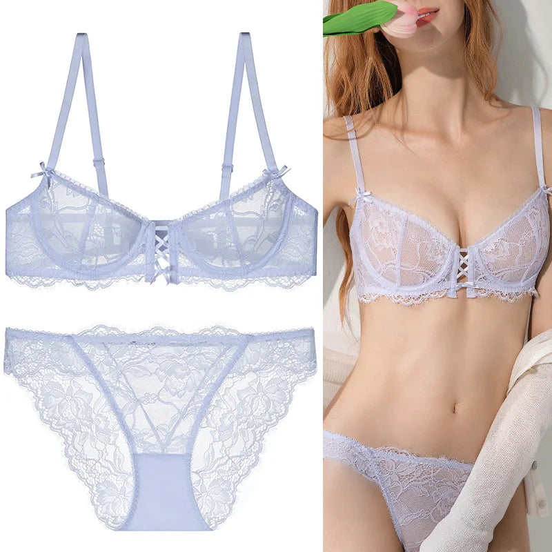 Logirlve Ultra-Thin Hollowed-Out Lace Bra Set for Women Push up Breast Brassiere Sexy Embroidery Underwear Lingerie Ladies