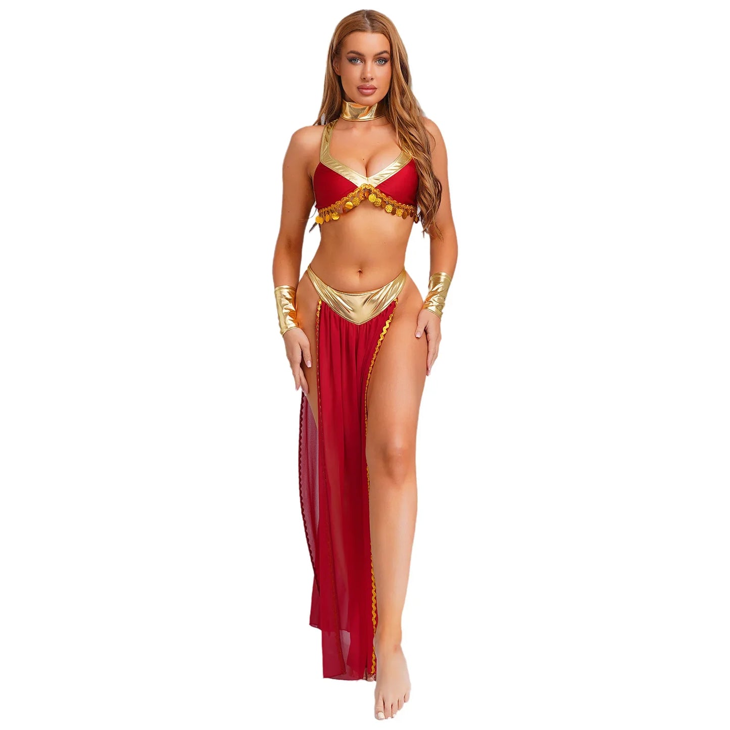 Women Halloween Cleopatra Ancient Egyptian Queen Sun Goddesses Cosplay Costume Crop Top with Skirt Choker Cuffs Belly Dance Set