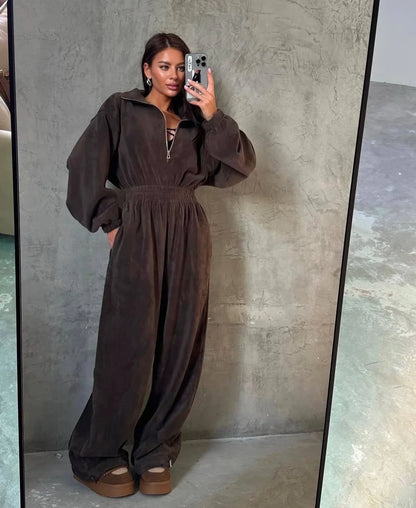 Zekye Woman Clothing New Fashion Long-sleeved Jumpsuit Women's Casual Semi-open Elastic Waist Jumpsuit Elegant Woman Jumpsuit