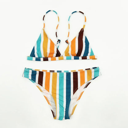 Circyy Bikini Set Women Rainbow Striped Halter Split Swimsuit Two-piece Sexy Thongs Summer 2025 New Holiday Beach Bathing Suit