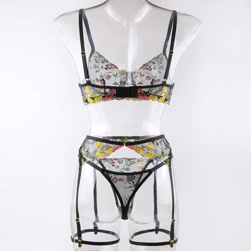 Sexy Women's Lace Lingerie 3Pcs Sets Fancy Flowers Embroidery Transparent Bras And Thongs Underwear Set Erotic Intimate Suits ﻿