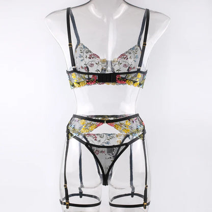 Sexy Women's Lace Lingerie 3Pcs Sets Fancy Flowers Embroidery Transparent Bras And Thongs Underwear Set Erotic Intimate Suits ﻿