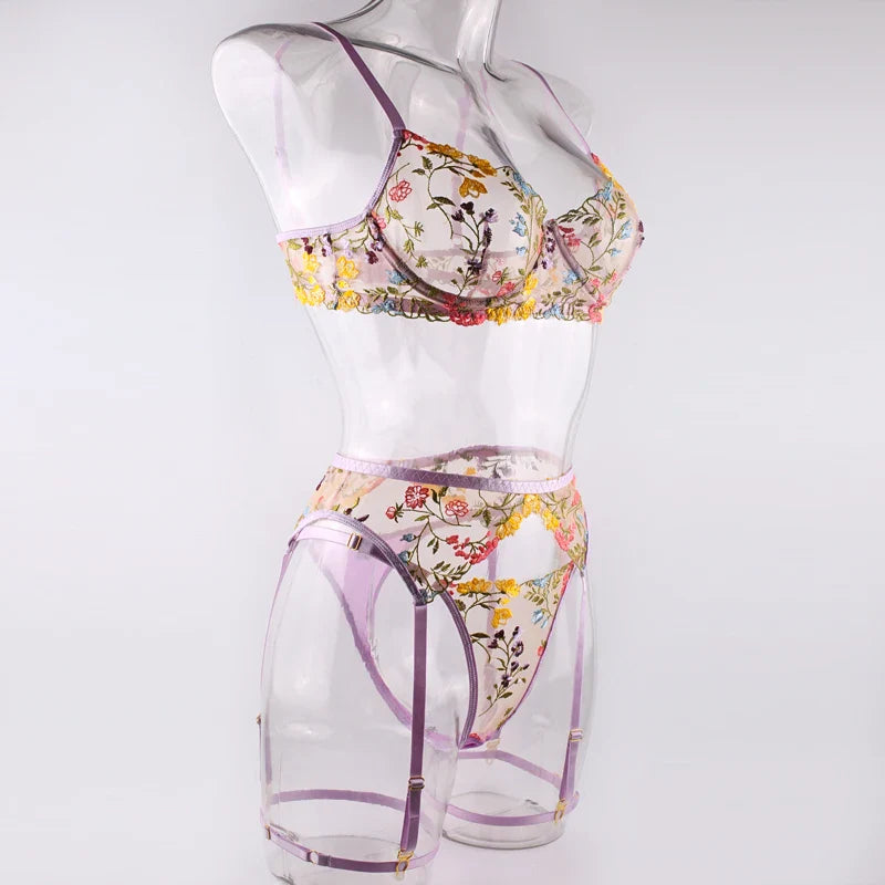 Sexy Women's Lace Lingerie 3Pcs Sets Fancy Flowers Embroidery Transparent Bras And Thongs Underwear Set Erotic Intimate Suits ﻿