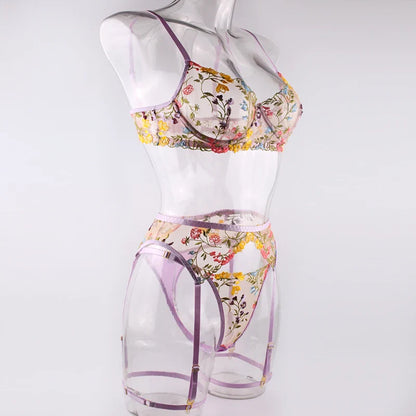 Sexy Women's Lace Lingerie 3Pcs Sets Fancy Flowers Embroidery Transparent Bras And Thongs Underwear Set Erotic Intimate Suits ﻿
