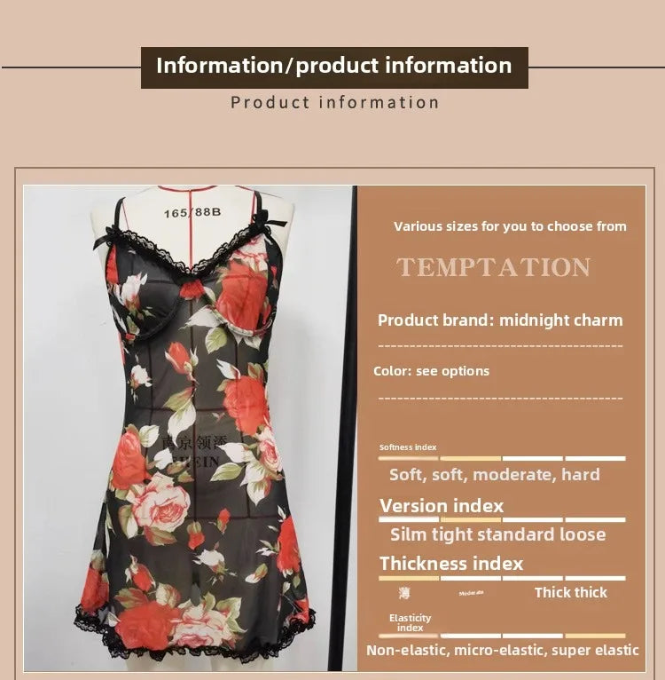 Women Floral Lace Chiffon Chemise Adjustable Straps Sleepwear Set Romantic Gift Sheer Nightwear Valentines Babydoll Black Trim U