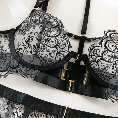 Luxury Embroidered Metal Buckle Complicated Erotic Intimate Set Women's Sexy Transparent Front Open Lingerie Sets Onlyfans kit