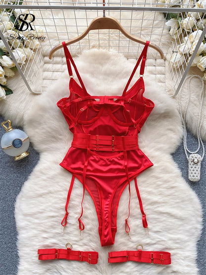 SINGREINY Women Underwear Erotic Playsuits Fashion Strap Backless Sheer Lingerie Nightwear Transpareant Hollow Out Sexy Bodysuit