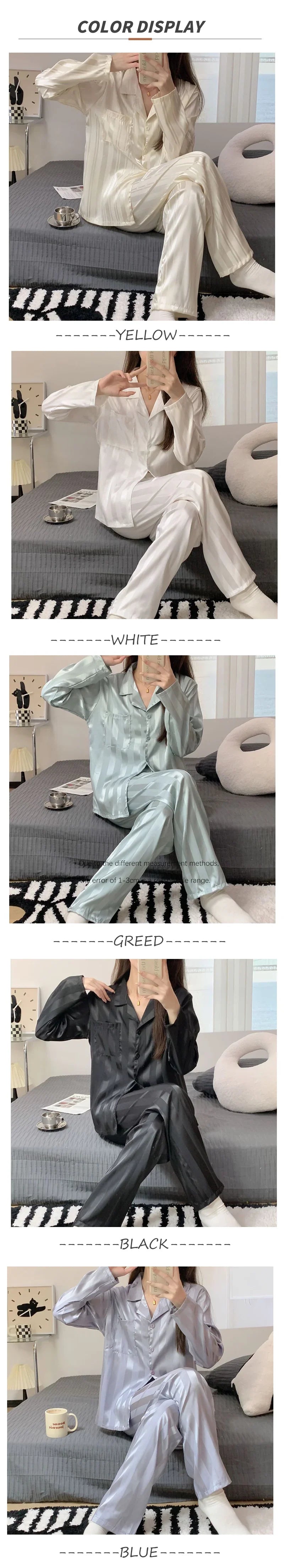 Women Pajamas Striped Pijama Sets Silk Satin Female Home Clothes Sleepwear Longsleeve Shirt Pants Homewear Shirt Pants Loungewea