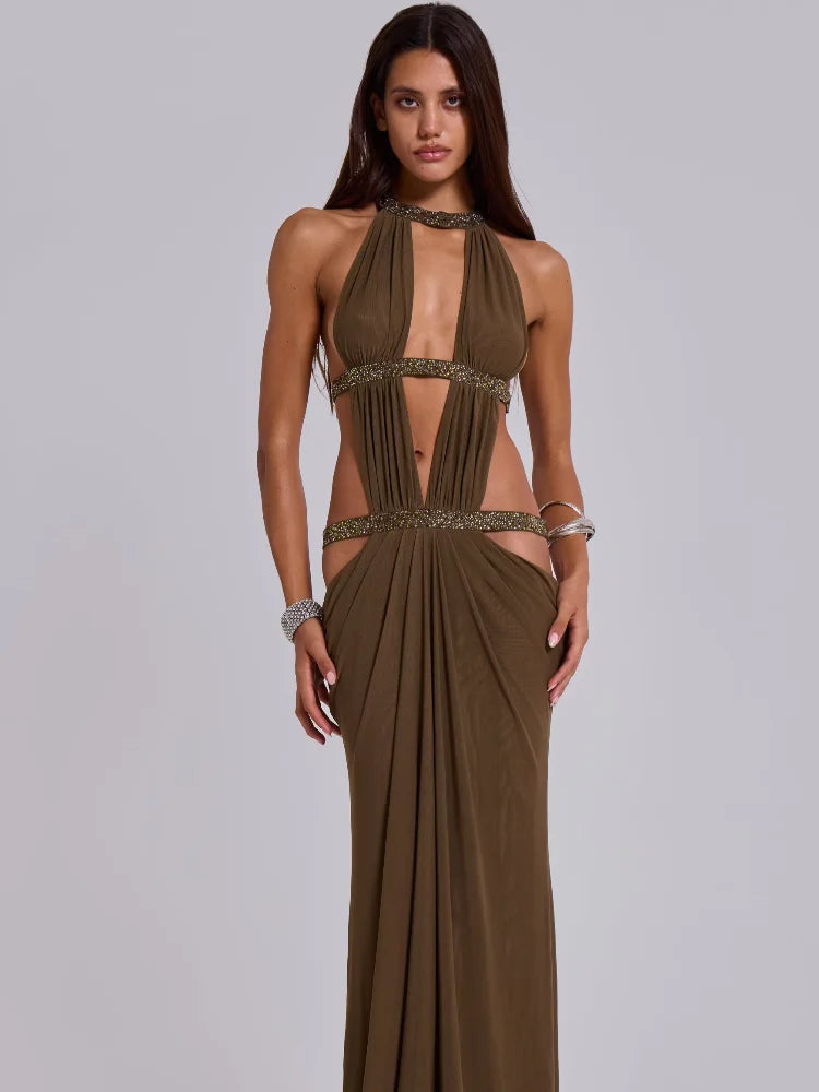 Women Sexy Hollow Out Sequin Halter Maxi Dresses Fashion Pleated Backless Sleeveless Slim Dress Chic New Lady Evening Party Gown