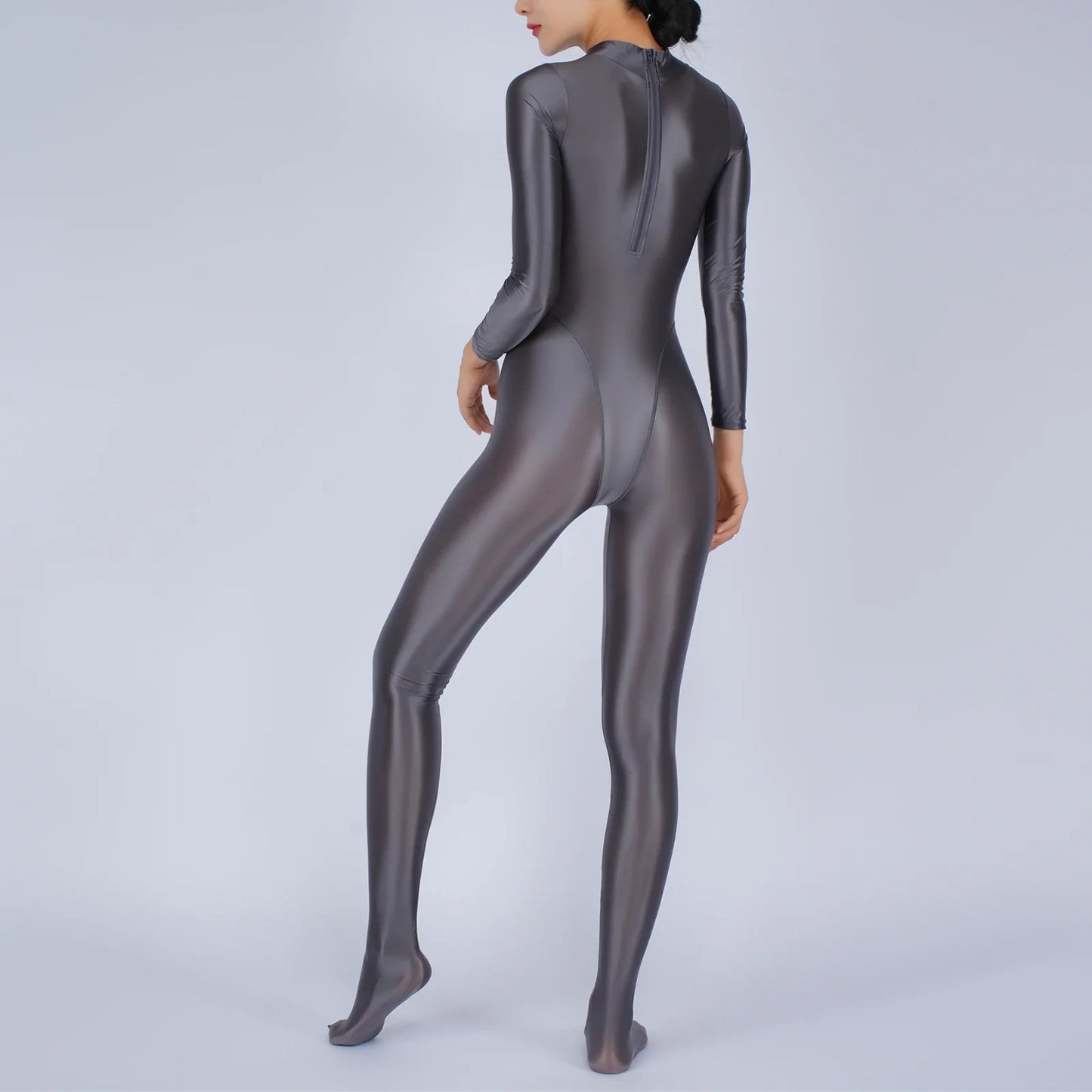 Womens Glossy Full Body Jumpsuit See Through Sheer Catsuits Bodystockings Long Sleeve Footed One Piece Gym Yoga Tights Bodysuit