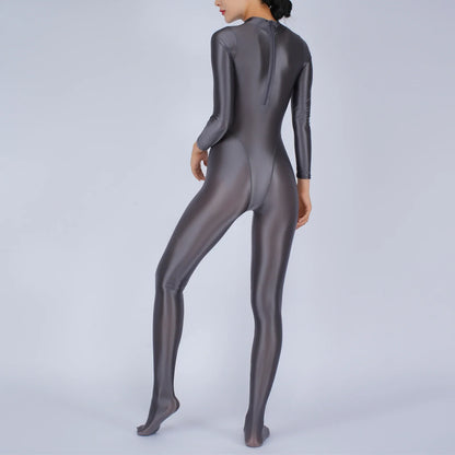 Womens Glossy Full Body Jumpsuit See Through Sheer Catsuits Bodystockings Long Sleeve Footed One Piece Gym Yoga Tights Bodysuit