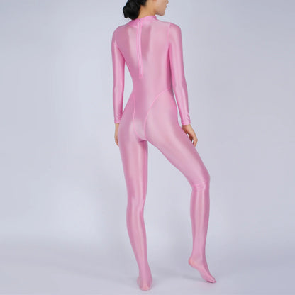 Womens Glossy Full Body Jumpsuit See Through Sheer Catsuits Bodystockings Long Sleeve Footed One Piece Gym Yoga Tights Bodysuit