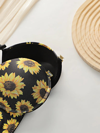 Women's sexy lingerie set with front buckle chrysanthemum pattern and steel ring gathering push up underwear set A3116