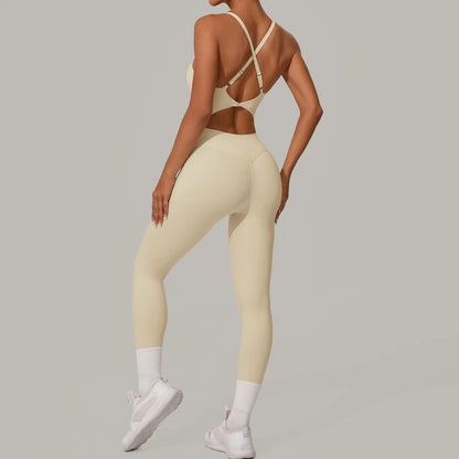 Sexy Hollow Cross Backless Sporty Tight Jumpsuit Woman Sportswear Summer One Pieces Outfit Gym Fitness Overalls Yoga Jump Suit