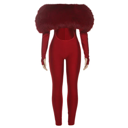 Weird Puss Furry Slash Neck Jumpsuits Woman Luxury Hipster Patchwork Trend Sexy Hollow Stretch Fitness Club Activity Overalls
