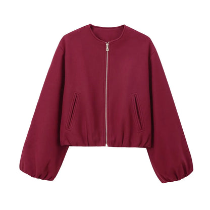 Ladies Fashion Autumn Winter Jacket Women Retro Round Neck Long Sleeve Elastic Hem Zipper Soft Bomber Jacket Women Coat Female
