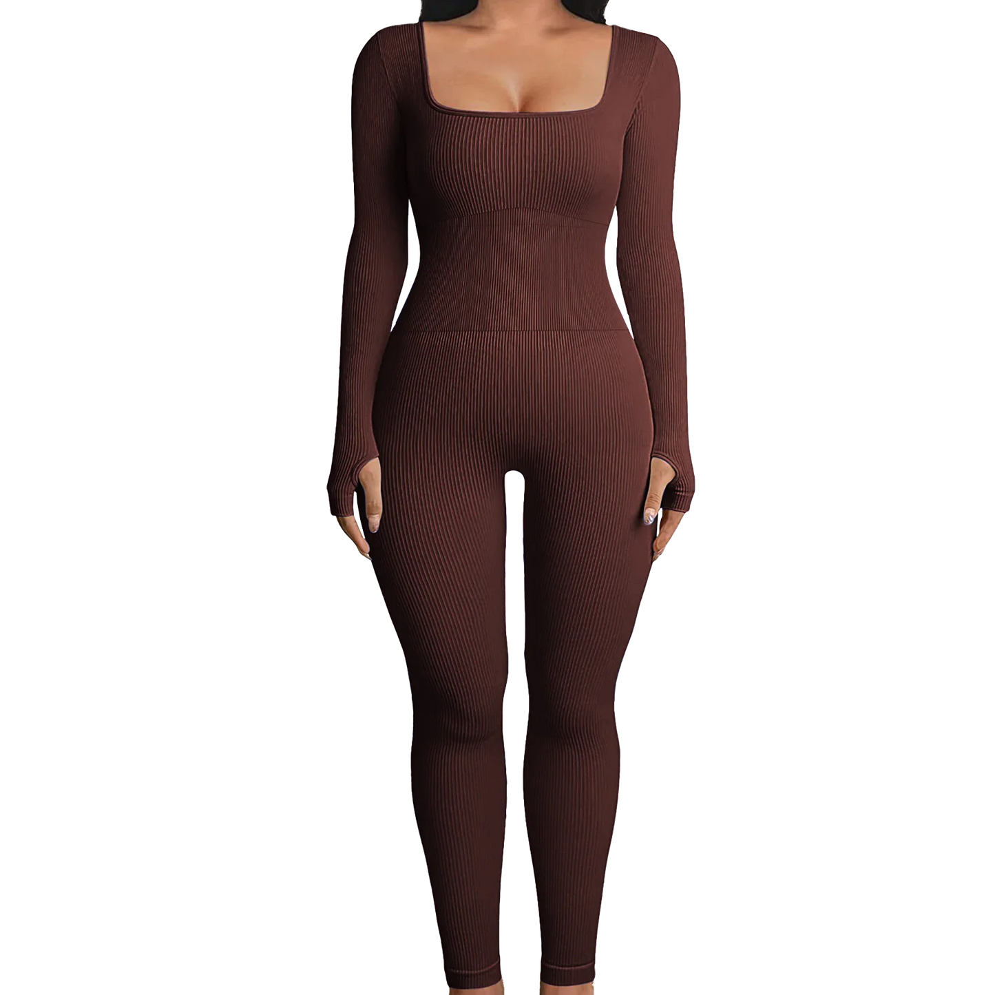 Solid Color Ribbed Yoga Jumpsuit, Seamless Slim Fit Long Sleeve Sports Bodysuit, Women's Activewear