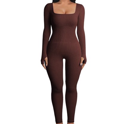Solid Color Ribbed Yoga Jumpsuit, Seamless Slim Fit Long Sleeve Sports Bodysuit, Women's Activewear