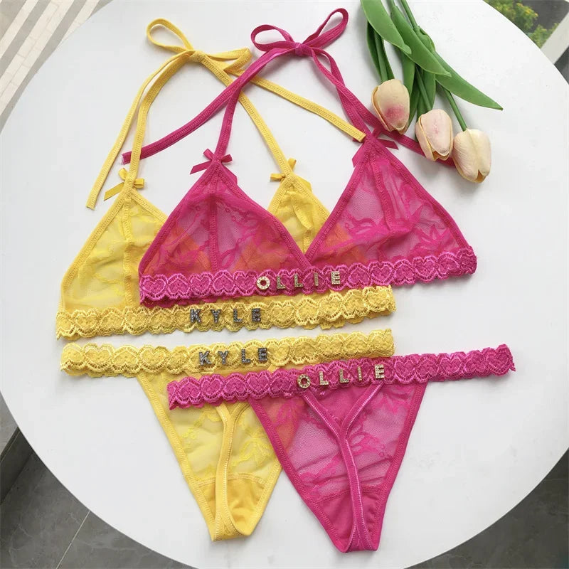 Custom Name Crystal Letter Thong Lace tie Hanging neck Bikini Bra Panties Sexy Personalized Name G-String Underwear Bra Set