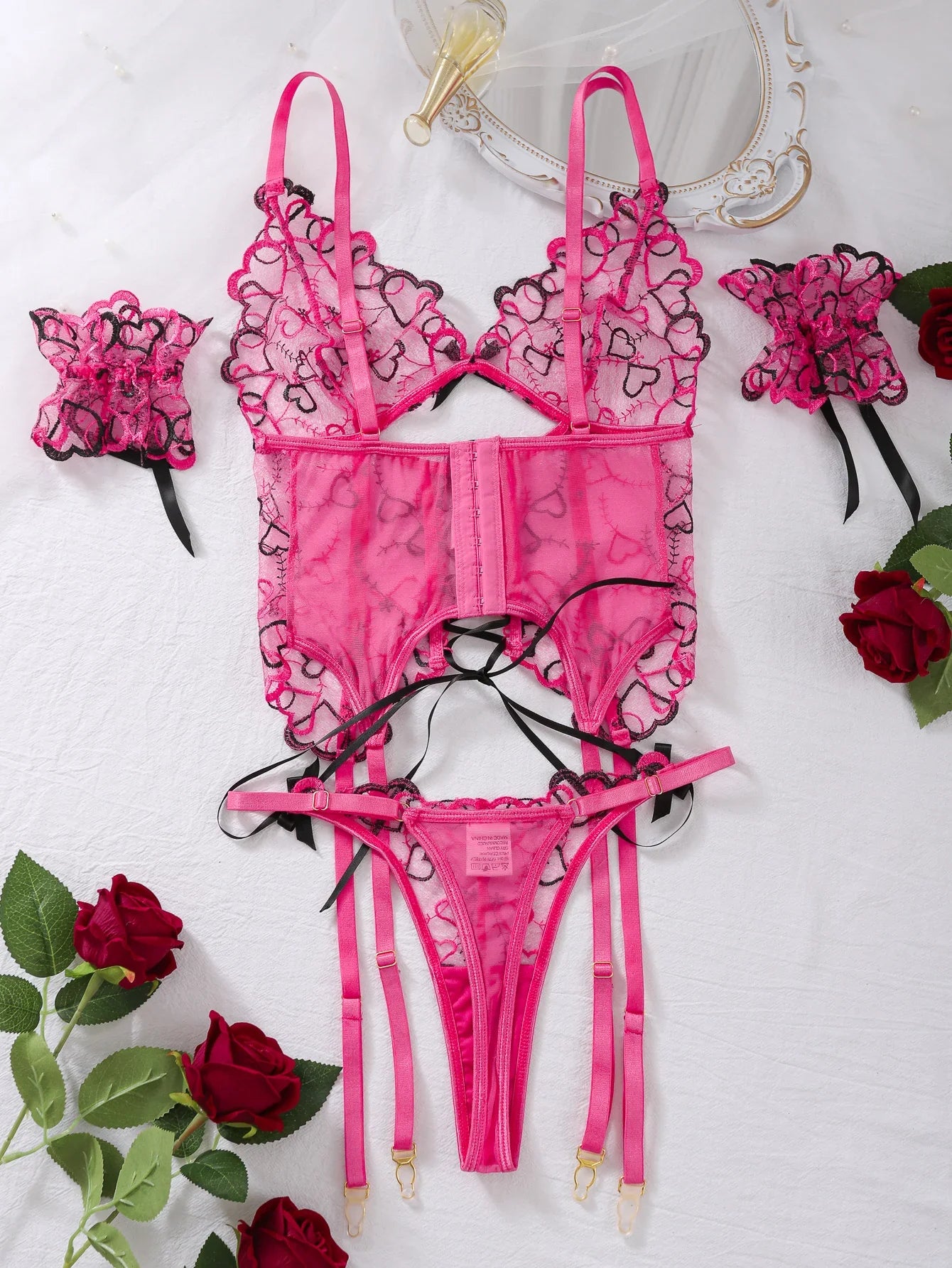 Mesh Erotic Women's Lingerie Set Lace See Through Sexy Heart Shape Embroidery Underwear and Thong Porn three-piece Set