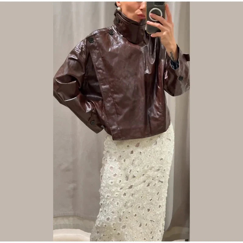 Street Stand Collar Women's Leather Jacket Loose Long Sleeve Zipper Pockets Chic Female Coats 2025 Autumn Winter Lady Outerwear