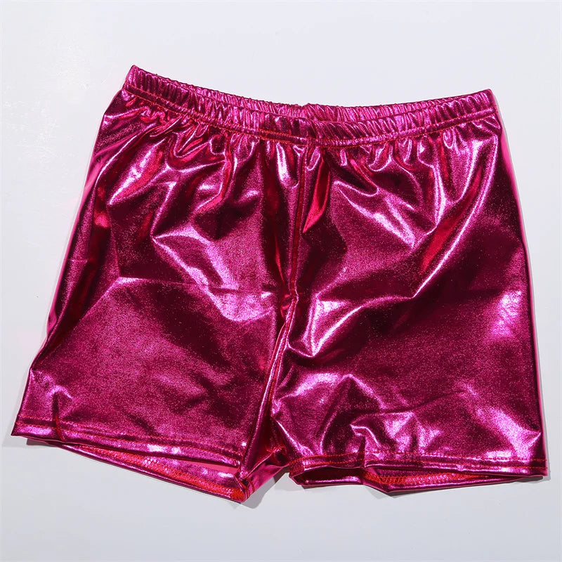 Women Yoga Shorts Silver Metallic Rave Booty Mid Waist Cheer Short PU Shiny Yoga Shorts Femme Fashion Sexy Clothes